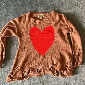 Wildfox Knitted Sweater - Red Heart & Brown Distressed Pullover - Size XS - NEW